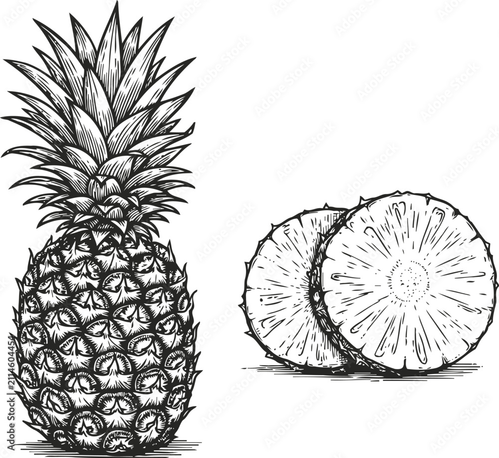 Obraz premium detailed vintage black and white pineapple illustration with sliced tropical fruit sections