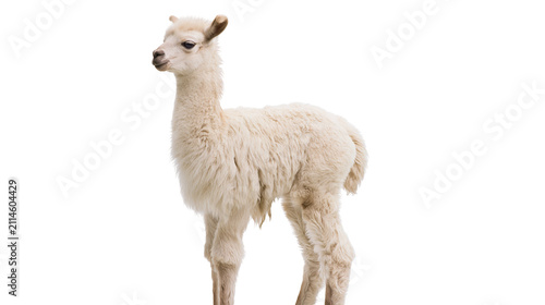 Fotografie Fluffy white baby llama standing profile view