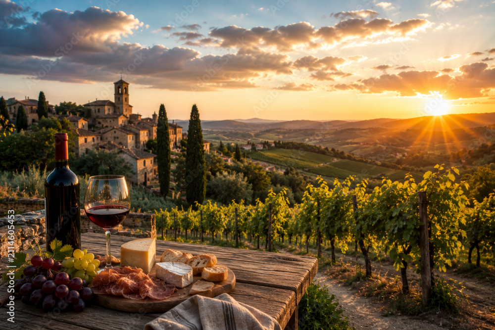 Obraz premium Weinberg in der Toskana mit rustikalem Landhaus, gedecktem Tisch und Sonnenuntergang. Italienischer Wein, Genuss, mediterrane Landschaft, Kulinarik und luxuriöser Landurlaub.