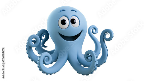 Smiling blue cartoon octopus with big eyes and curly tentacles