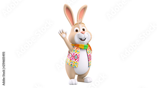 Cartoon rabbit waving hand wearing colorful vest and scarf