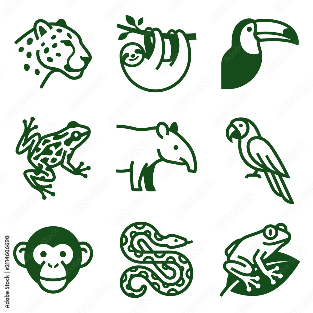 Obraz premium Jungle animal line icons and tropical wildlife graphics.