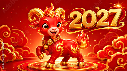 Cute Red Firey  Goat Mascot   Greeting for 2027 Chinese New Year Greeting