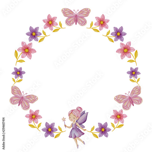 Watercolor Cute Princess Fairy Wreath Circle Frame Border with Flowers, Butterflies, Castle, Dragon, Unicorn, Fox and Cake for Birthday Card, Baby Shower, Girls Party Invitation and Nursery Decor
