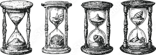 Vintage hourglasses with seashells inside antique sand timers drawn with detailed wooden frames and marine elements illustration