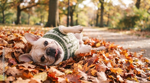 Cute French bulldog wearing cozy warm sweater lying on back in autumn leaves in park for pet store promotional campaign. Adorable funny dog playing in fallen yellow maple foliage during autumn walk