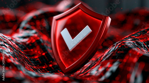 High tech abstract illustration of a vivid red security shield with an internal glow, crisp white checkmark symbolizing verified access, flowing cyber wave textures and futuristic digital particles 