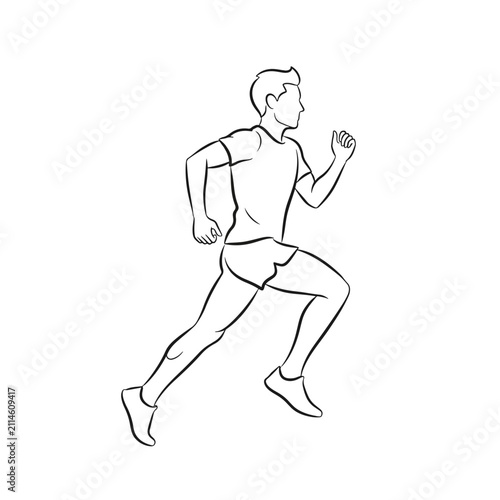 Line art illustration of a man running in profile, depicting motion and athleticism.