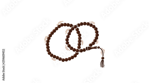 Traditional brown prayer beads, also known as a tasbih or misbaha, with a tassel, coiled on a clean white background, used for meditation and devotion.