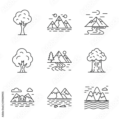 Collection of minimalist line art icons depicting various natural landscapes and elements like trees, mountains, rivers, and lakes.