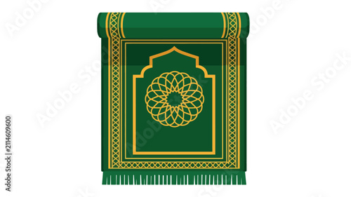 A green Islamic prayer mat with intricate gold patterns and a fringed edge, partially rolled up.