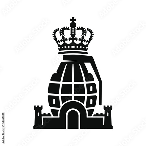 Quadro su tela Hand grenade silhouette with royal crown and fortress walls isolated on transpar