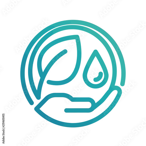 Hand holding leaf and water drop eco icon.