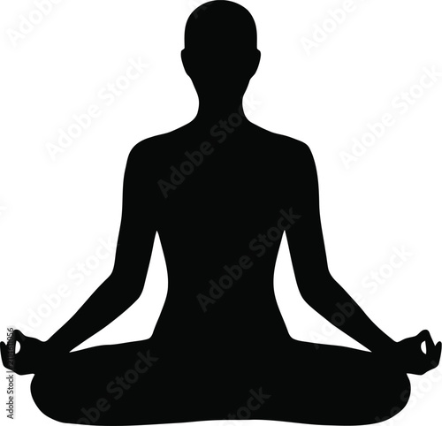 Black silhouette of a person sitting in a lotus position practicing meditation and mindfulness on white background