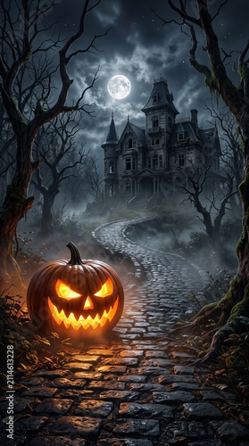 Eerie halloween setting featuring a glowing jack o lantern beside a mysterious haunted house illuminated by the moonlight
