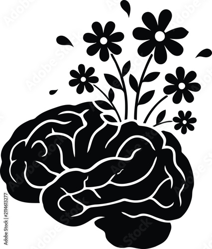Black and white silhouette illustration of a human brain with blooming flowers growing out of it