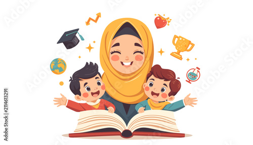 Muslim Teacher and Children Learning from Open Book vector Illustration 