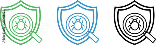 Konstfotografi Cyber security shield icons with magnifying glass inspecting malicious computer virus