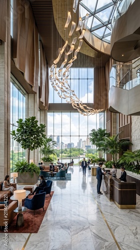 Chic contemporary hotel entrance featuring expansive windows sophisticated furnishings and vibrant plant life