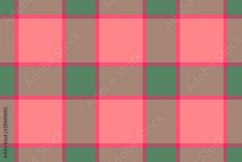 British tartan plaid design with a classic woven appearance and tulip and green tones. The seamless pattern recreates the look of woven fabric and works well as a decorative surface background.