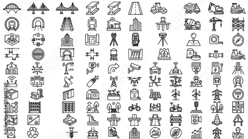 Foto Civil engineering and infrastructure icons set, 80 construction and urban planni