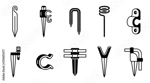 Foto Set of gardening and irrigation stakes and clips icons for ground anchoring with
