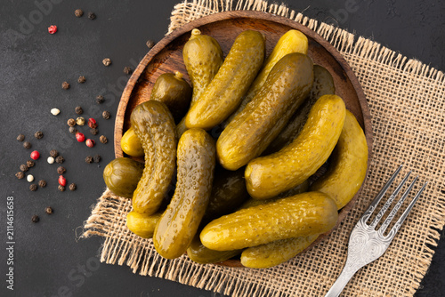 Fresh Homemade Crunchy Gherkin Pickles on Black  Background , Close Up Food Photography