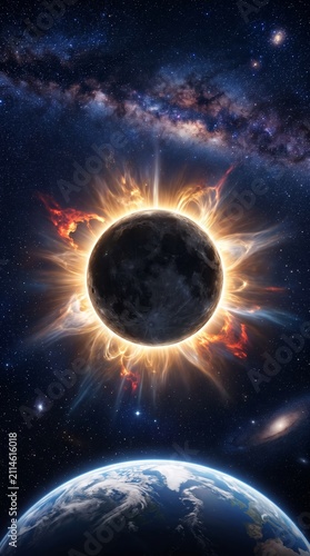 Breathtaking view of a solar eclipse illuminating the earth surrounded by a galaxy and mesmerizing cosmic features