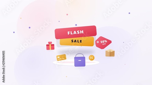 Flash Sale 50 Percent Off E-Commerce Promo Motion Graphic with Gift Box Shopping Bag and Credit Card, Online Shopping Discount Dashboard Concept for Marketing Campaigns