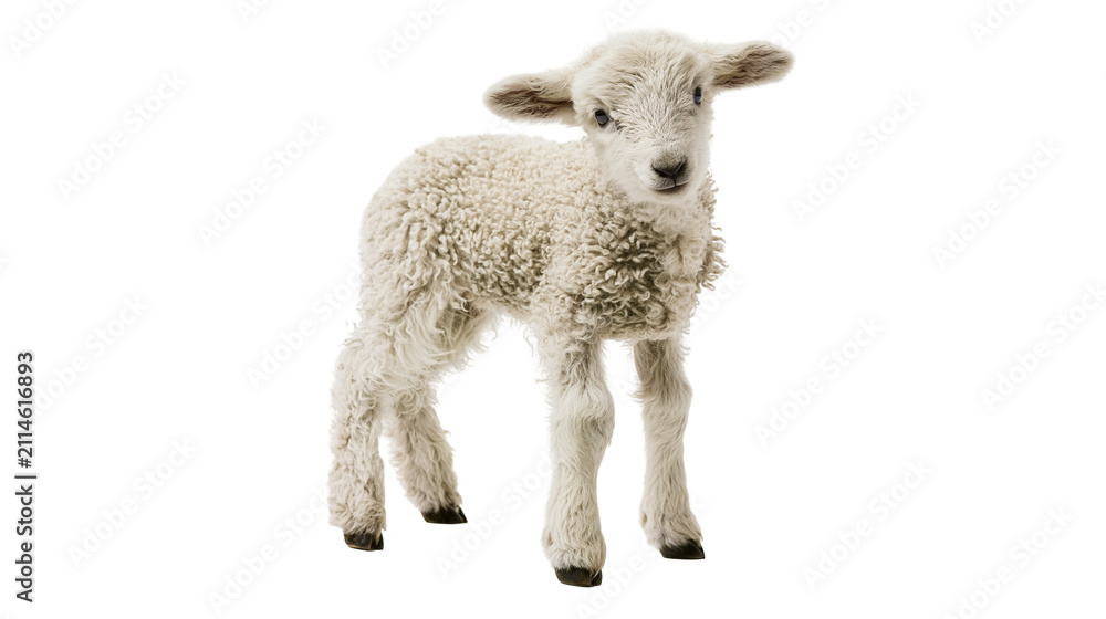 Fototapeta premium Fluffy white lamb standing on white