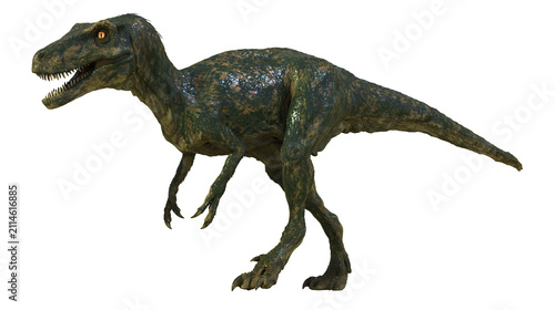 Obraz na płótnie Green dinosaur with sharp claws and teeth, reptilian skin texture