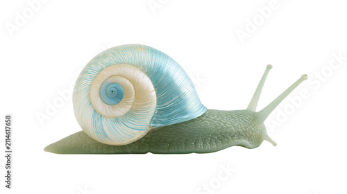 Snail with blue and cream spiral shell on white