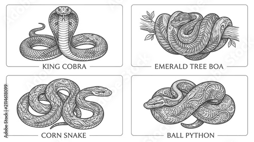 Fotografie Snakes of different breeds are displayed in this informative hand-drawn collection illustration