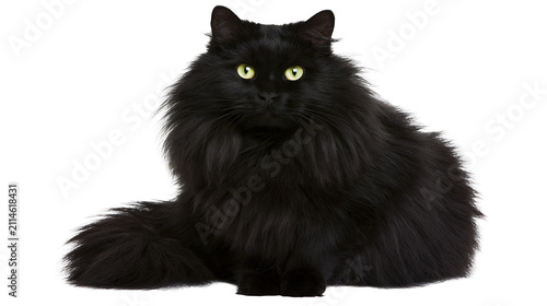 Fotografie Fluffy black cat with bright green eyes sitting
