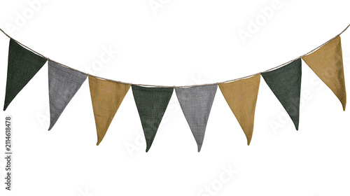 Bunting flags in green grey, and ochre colors on a string