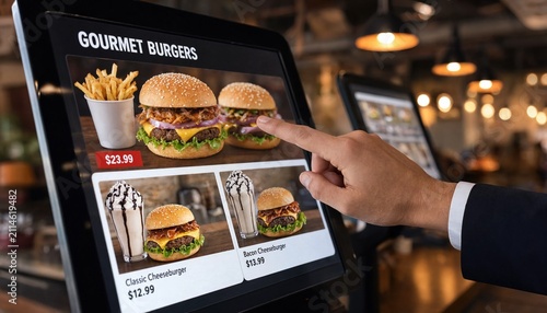 A close-up of a person in a suit interacting with a digital self-service ordering kiosk in a fast-food restaurant to select a gourmet burger.