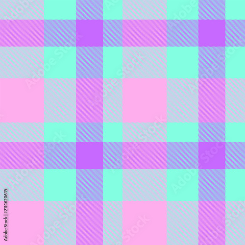 A traditional tartan plaid pattern with a balanced check structure and teal and pink tones. The seamless textile background recreates a woven fabric look with a natural decorative character.