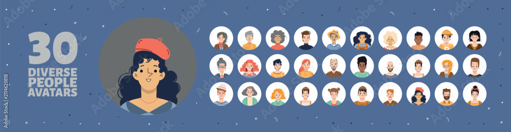 Fototapeta premium 30 diverse people avatars collection of flat character icons for user profile