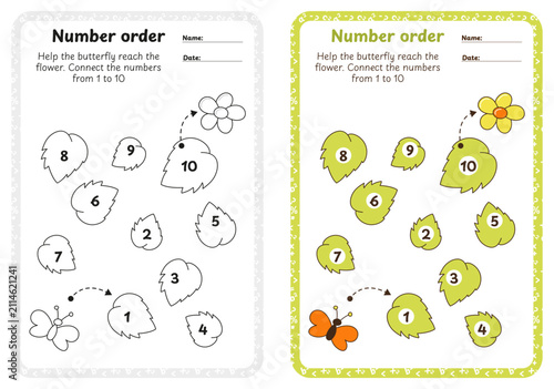 Number order 1 to 10 math worksheet with cute butterfly