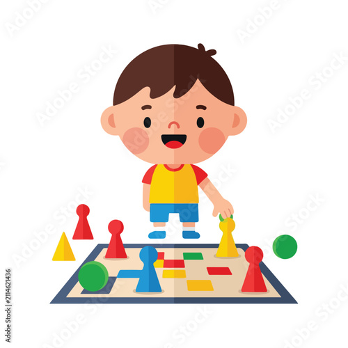 Cuadro en lienzo A cute cartoon boy with a joyful expression is having fun playing a colorful board game with various shaped game pieces