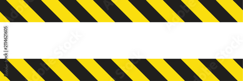 Two parallel horizontal strips of yellow and black diagonal warning tape isolated on a plain white background surface