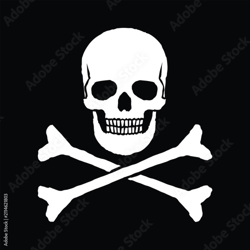 Skull and crossbones vector illustration. Poison and toxic label sign. Pirate flag image. Jolly Roger logo symbol. Human head skeleton icon.	
