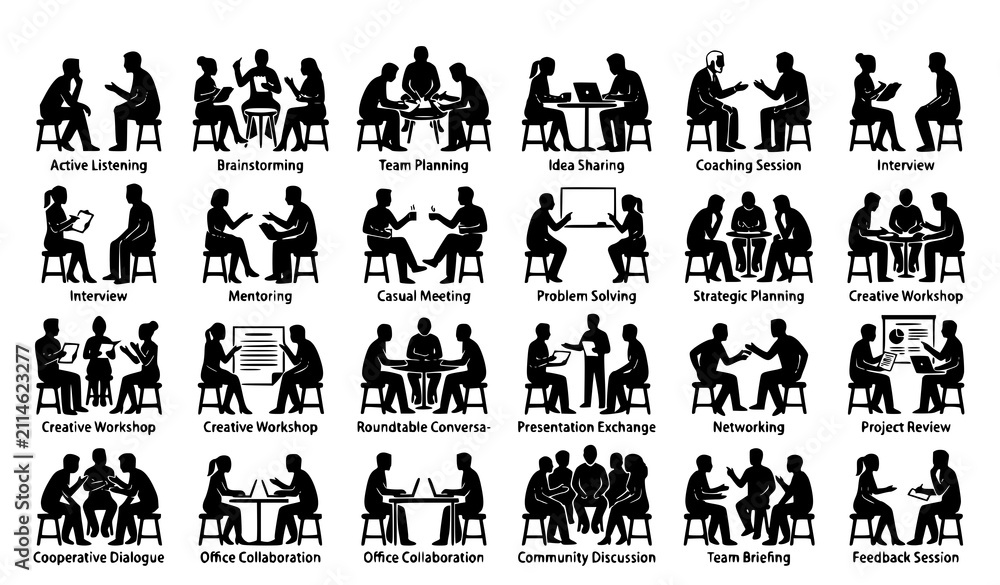 Obraz premium Business Team Collaboration and People Meeting Vector Silhouette Set