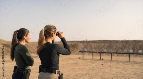 Two Women at Outdoor Shooting Range Observing Targets
