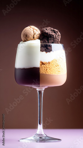 A dessert is served in a clear glass showing layers of black and white cream. The dessert is placed on a flat surface. The background has a neutral tone