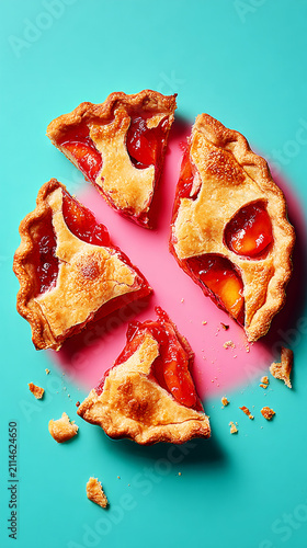 This pie features vibrant layers of peach jam and vanilla cream. The airy dough holds the layers together and adds texture. Fresh peaches are placed around the pie