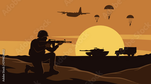 Obraz na płótnie Military operation in desert at sunset with soldier, tank, plane