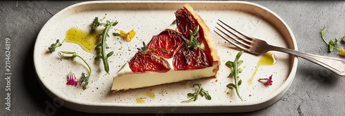 A pie made with eggplant, tomato, and mozzarella sits on a plate. It has olive oil on top and is garnished with microgreens and edible flowers. The setting looks modern and inviting