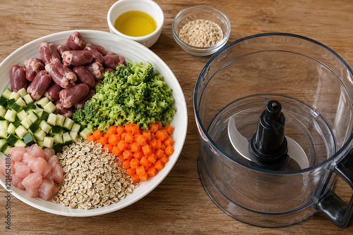Chicken meat and hearts, carrots, oil for prepear natural food for cats or dog