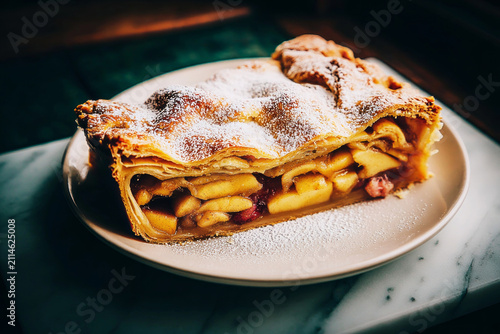 A layered apple pie sits on a marble surface. The crust is visible through the caramelized fruit layer. The dessert has a casual yet refined look, perfect for any occasion